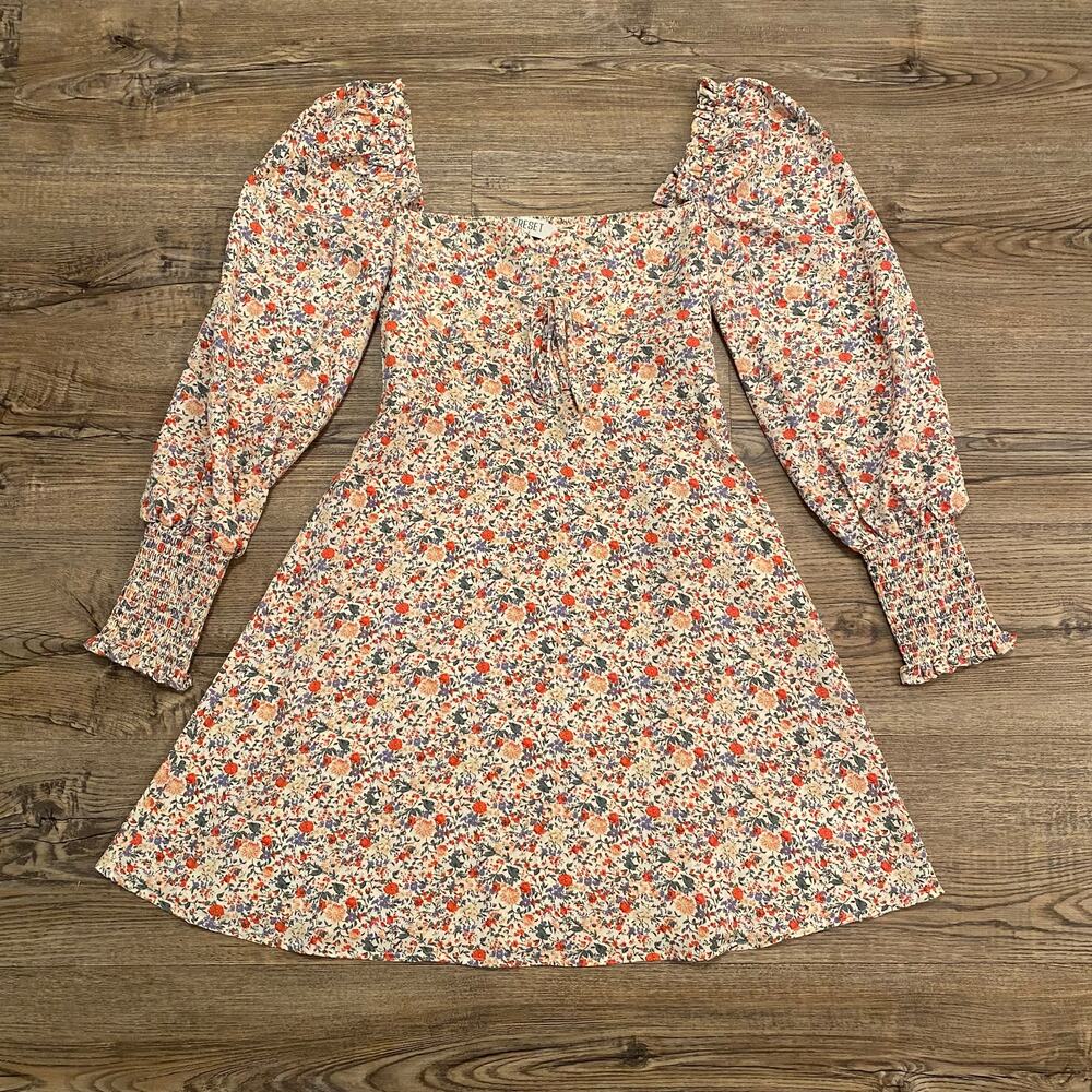 Reset White Floral Sweetheart Neckline Long Sleeve Mini Dress Women's size Small